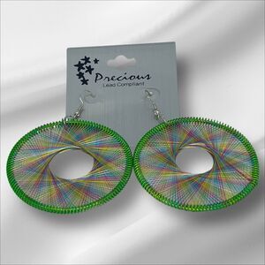 Silver Tone Woven Dream Catcher Earrings Rasta Boho Threaded Statement Chic NWT